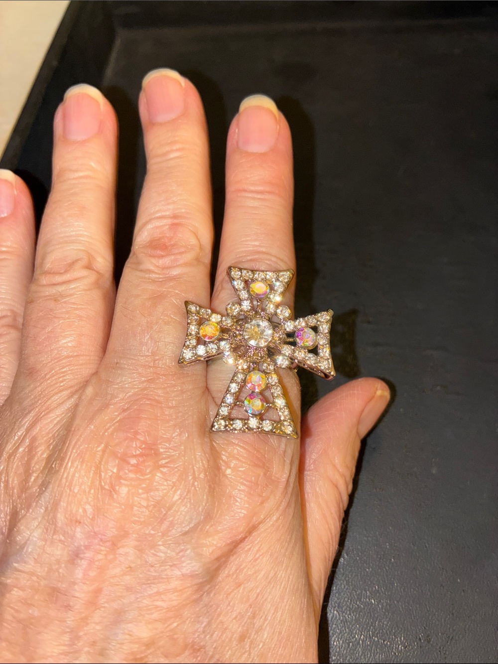 Crystal Cross Statement Stretch Ring - Silver Tone Setting
